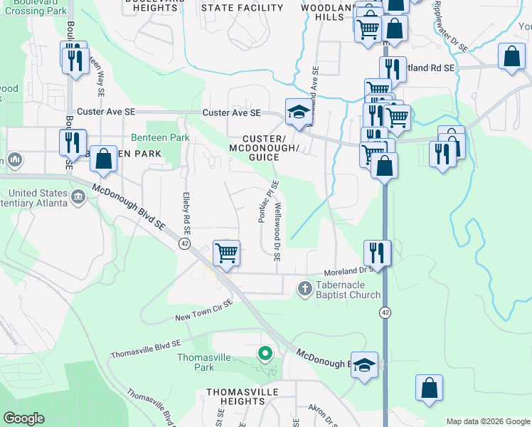 map of restaurants, bars, coffee shops, grocery stores, and more near 1547 Pontiac Place Southeast in Atlanta