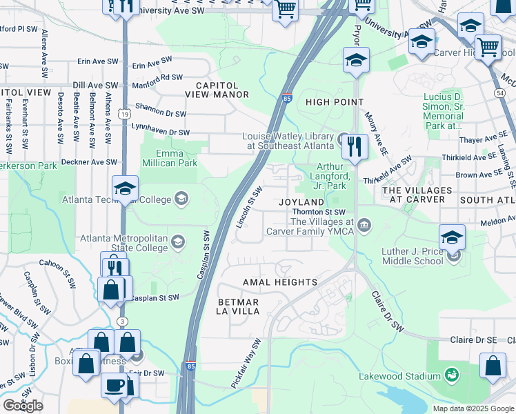 map of restaurants, bars, coffee shops, grocery stores, and more near 327 Thornton Street Southwest in Atlanta