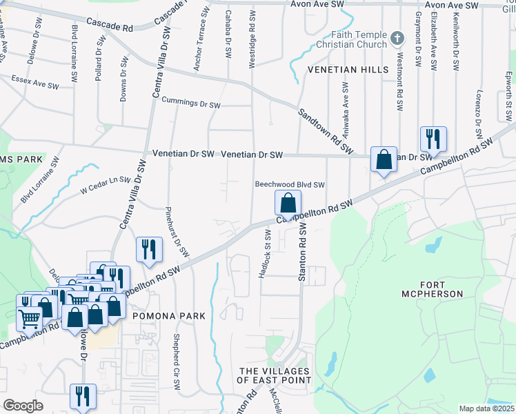 map of restaurants, bars, coffee shops, grocery stores, and more near 1596 Willowbrook Drive Southwest in Atlanta