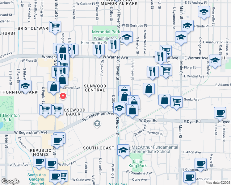 map of restaurants, bars, coffee shops, grocery stores, and more near 725 West Central Avenue in Santa Ana