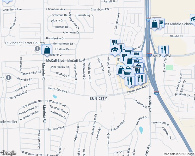 map of restaurants, bars, coffee shops, grocery stores, and more near 26470 New Bedford Road in Menifee