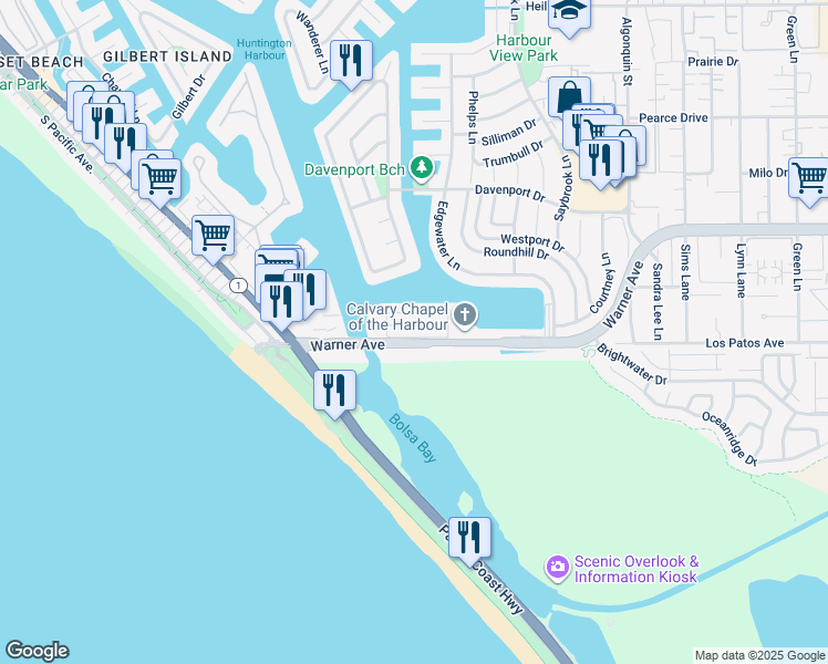 map of restaurants, bars, coffee shops, grocery stores, and more near 4001 Warner Avenue in Huntington Beach