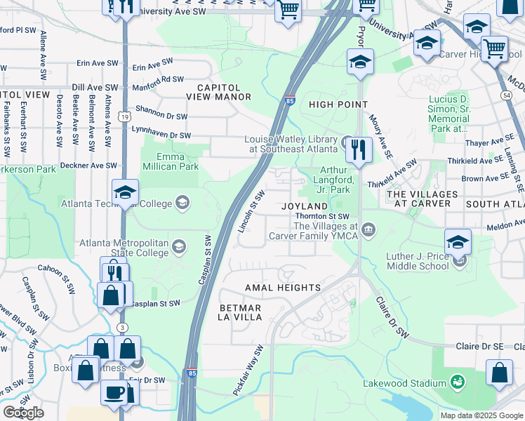 map of restaurants, bars, coffee shops, grocery stores, and more near 327 Thornton Street Southwest in Atlanta