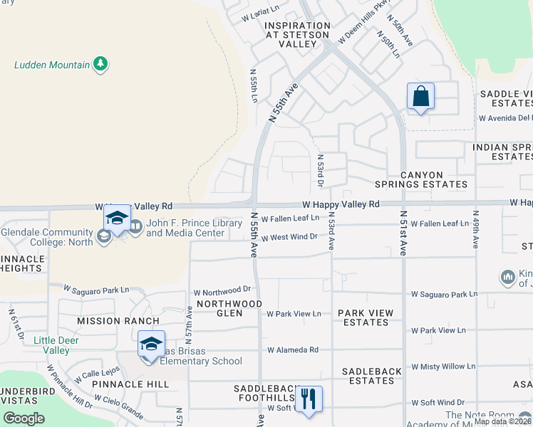 map of restaurants, bars, coffee shops, grocery stores, and more near 5430 West Happy Valley Road in Phoenix