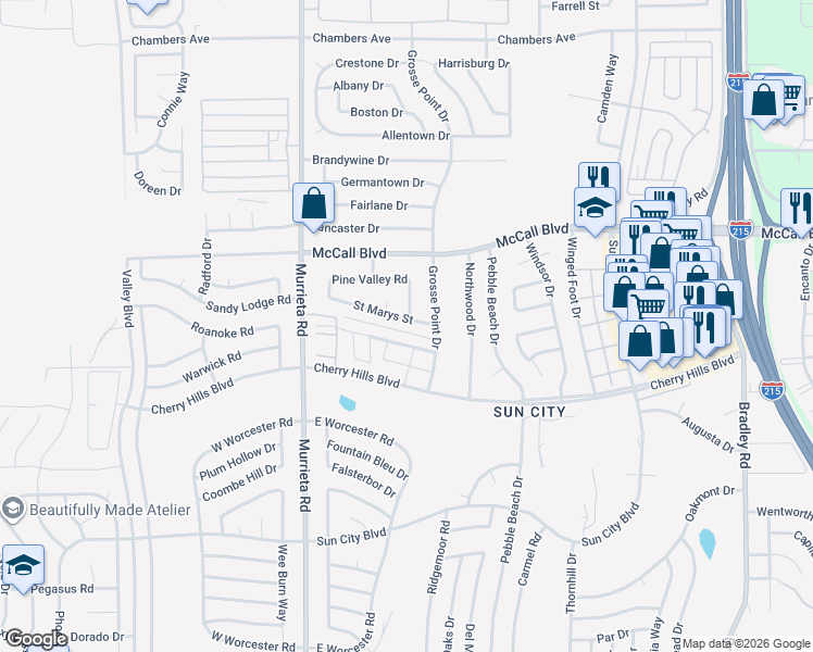 map of restaurants, bars, coffee shops, grocery stores, and more near 28140 Auckland Court in Menifee