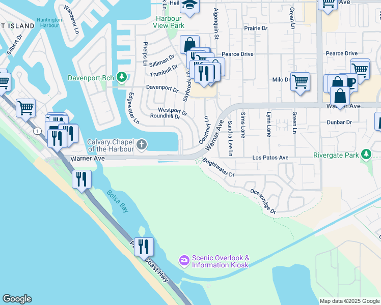 map of restaurants, bars, coffee shops, grocery stores, and more near 17188 Edgewater Lane in Huntington Beach