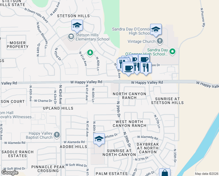 map of restaurants, bars, coffee shops, grocery stores, and more near 3951 West Happy Valley Road in Glendale