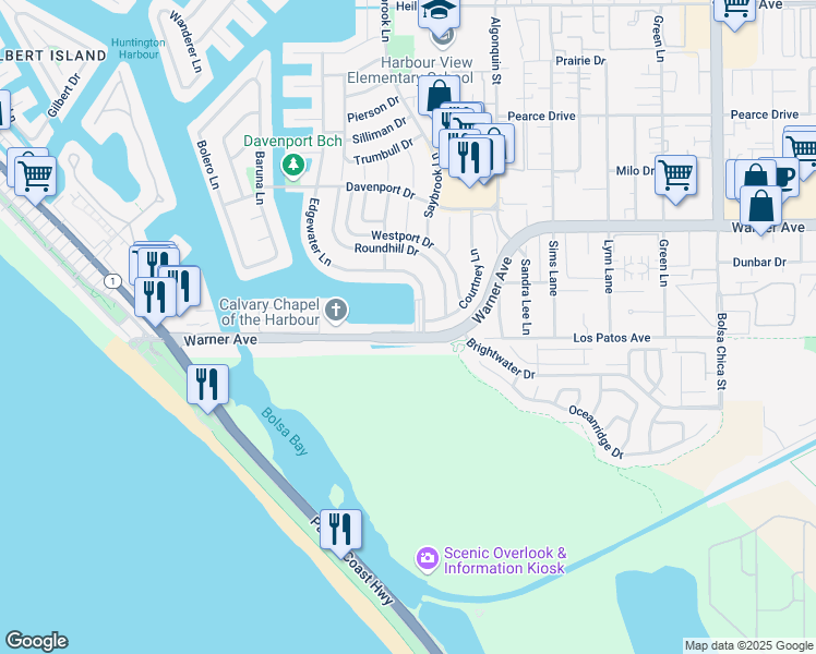 map of restaurants, bars, coffee shops, grocery stores, and more near 17188 Edgewater Lane in Huntington Beach