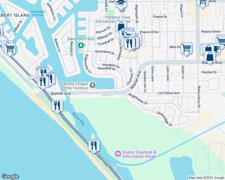 map of restaurants, bars, coffee shops, grocery stores, and more near 4165 Warner Avenue in Huntington Beach