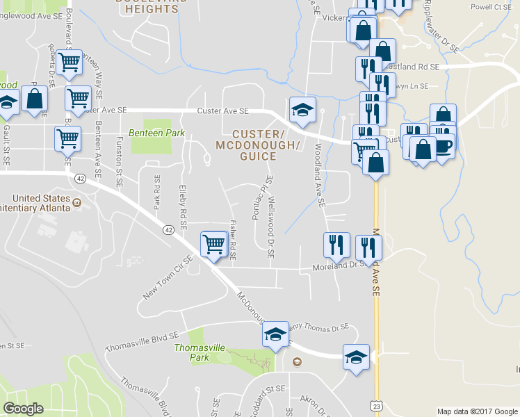 map of restaurants, bars, coffee shops, grocery stores, and more near 1560 Pontiac Place Southeast in Atlanta