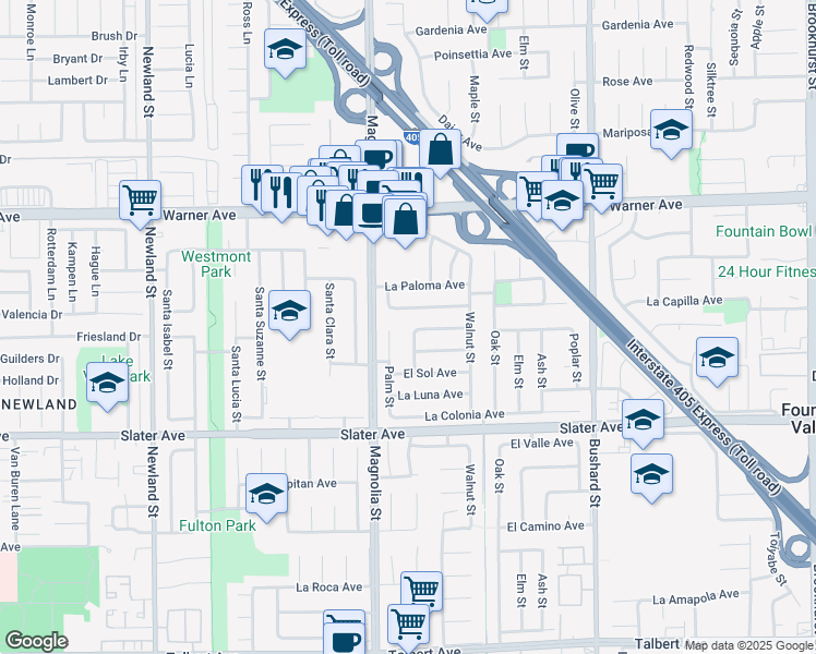map of restaurants, bars, coffee shops, grocery stores, and more near 17267 Pepper Tree Street in Fountain Valley