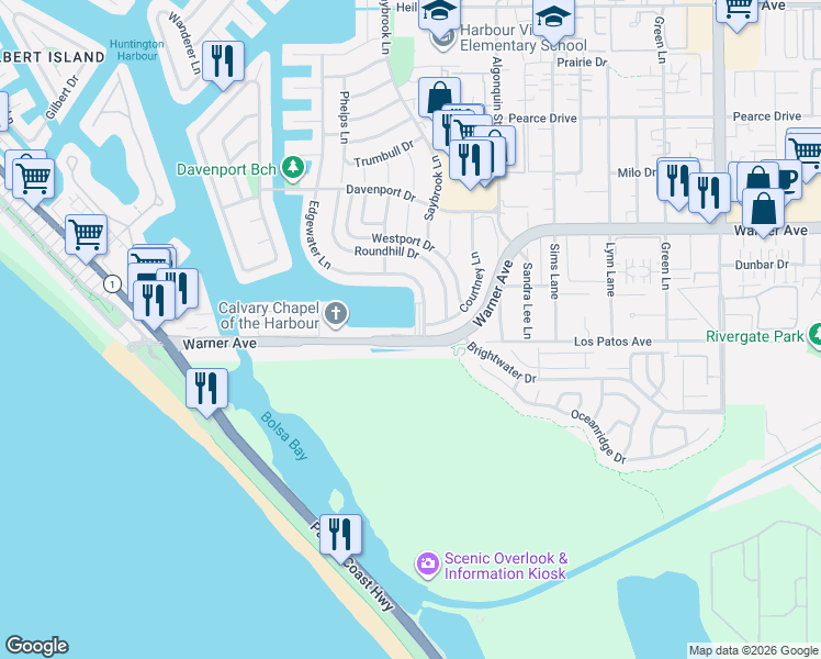 map of restaurants, bars, coffee shops, grocery stores, and more near in Huntington Beach