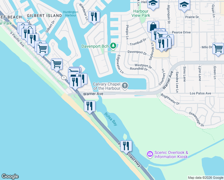 map of restaurants, bars, coffee shops, grocery stores, and more near 3954 Aladdin Drive in Huntington Beach