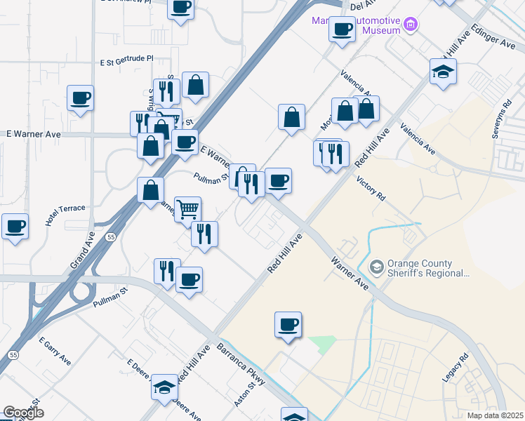 map of restaurants, bars, coffee shops, grocery stores, and more near 2010 East Warner Avenue in Santa Ana