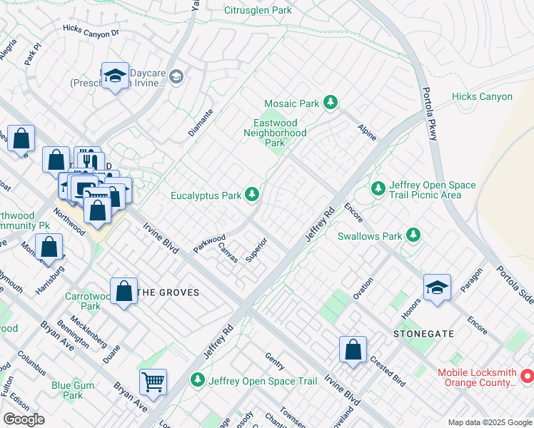map of restaurants, bars, coffee shops, grocery stores, and more near 117 Henson in Irvine