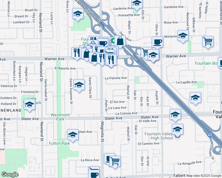map of restaurants, bars, coffee shops, grocery stores, and more near 17267 Pepper Tree Street in Fountain Valley