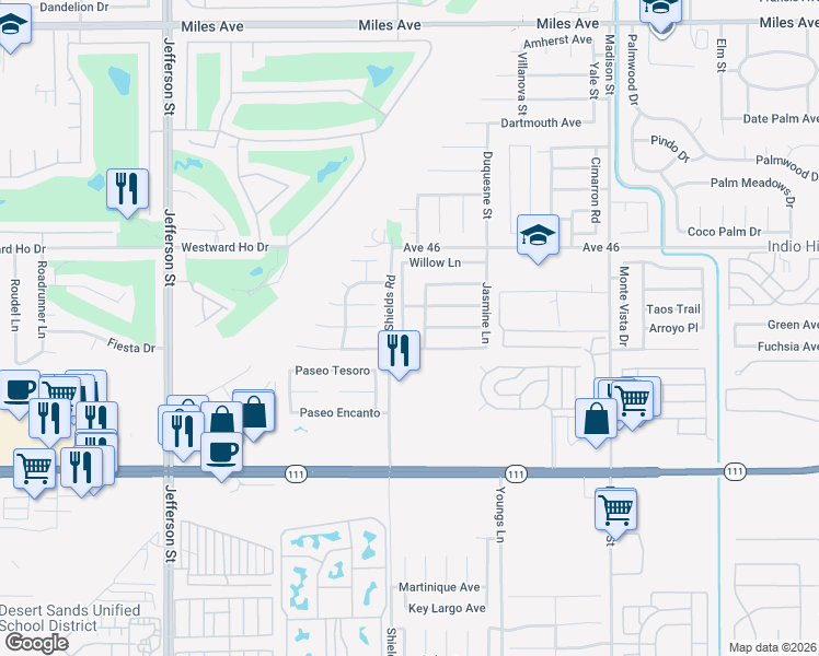 map of restaurants, bars, coffee shops, grocery stores, and more near 46374 Willow Lane in Indio