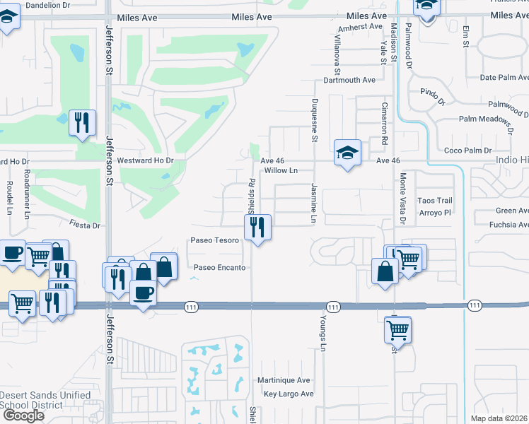 map of restaurants, bars, coffee shops, grocery stores, and more near 46374 Willow Lane in Indio