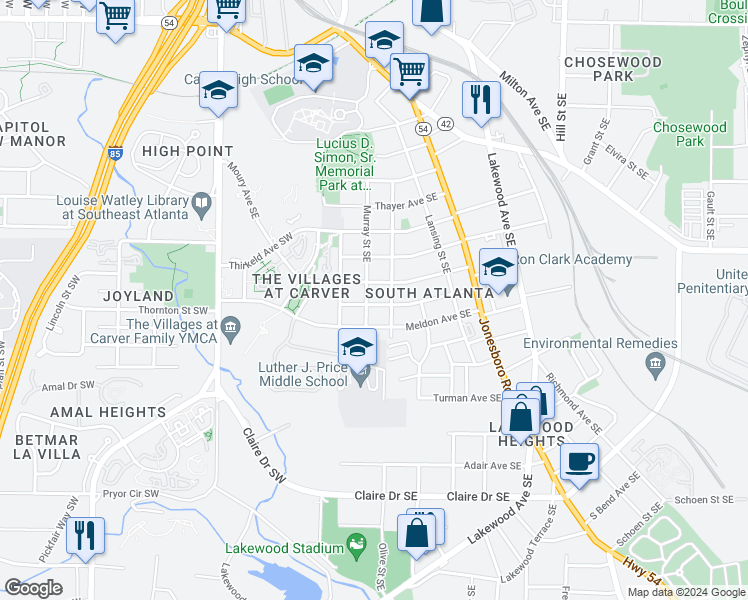 map of restaurants, bars, coffee shops, grocery stores, and more near 121 Park Avenue Southeast in Atlanta