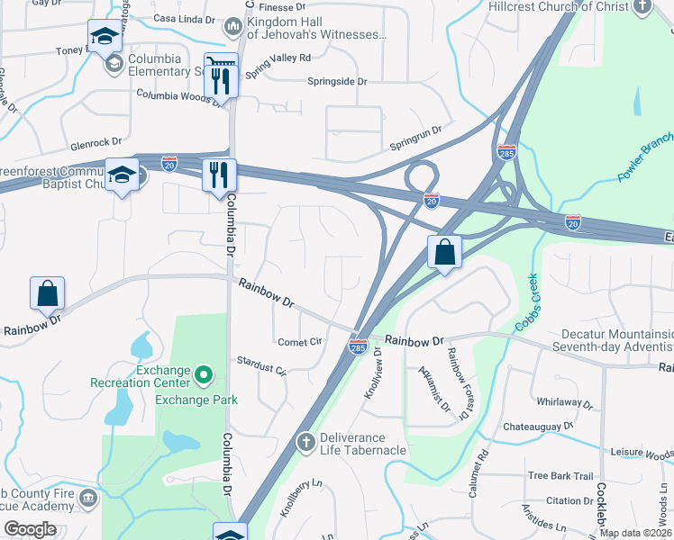 map of restaurants, bars, coffee shops, grocery stores, and more near 3489 Kingsbrooke Way in Decatur