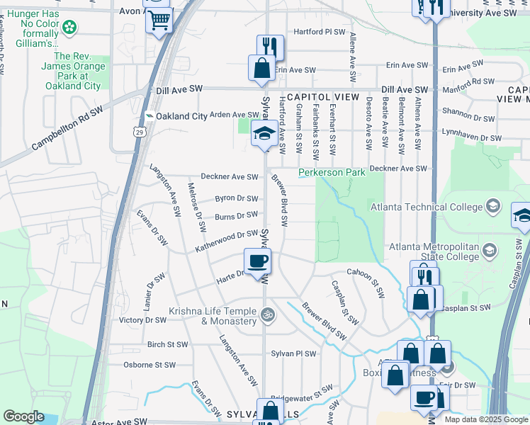 map of restaurants, bars, coffee shops, grocery stores, and more near Sylvan Rd & Burns Dr SW in Atlanta