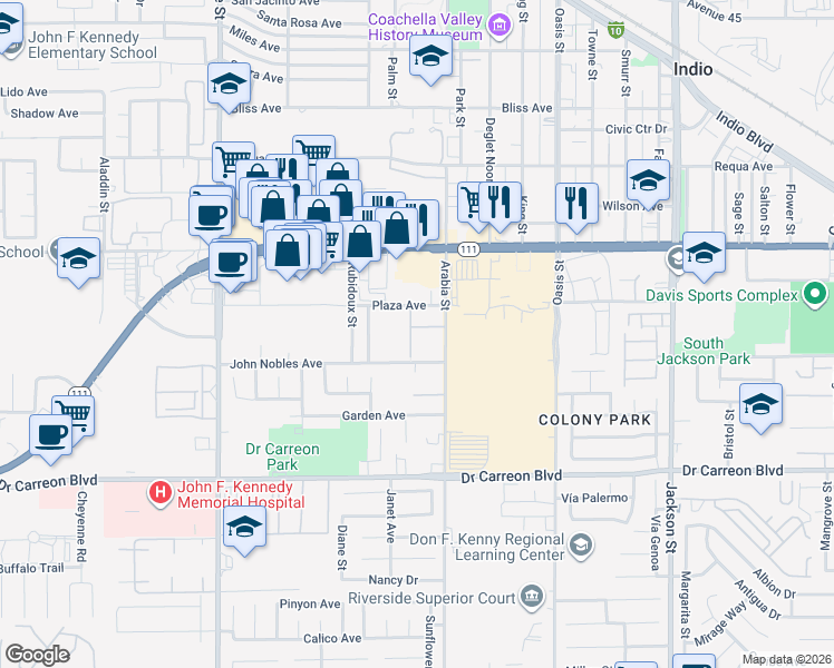 map of restaurants, bars, coffee shops, grocery stores, and more near 826 Plaza Avenue in Indio