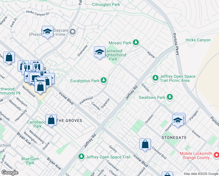 map of restaurants, bars, coffee shops, grocery stores, and more near 66 Parkwood in Irvine