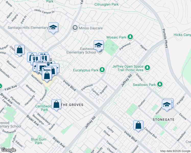 map of restaurants, bars, coffee shops, grocery stores, and more near 124 Alumroot in Irvine