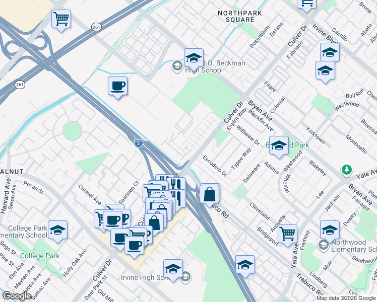map of restaurants, bars, coffee shops, grocery stores, and more near 32 League in Irvine