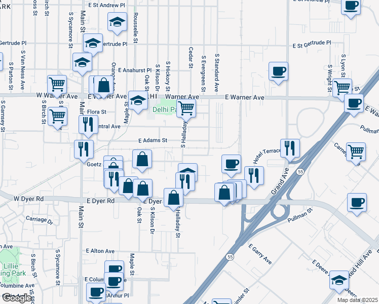 map of restaurants, bars, coffee shops, grocery stores, and more near 2532 South Halladay Street in Santa Ana