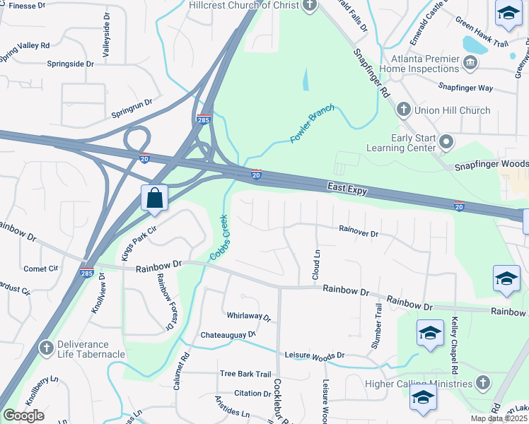 map of restaurants, bars, coffee shops, grocery stores, and more near 2557 Rainmaker Drive in Decatur