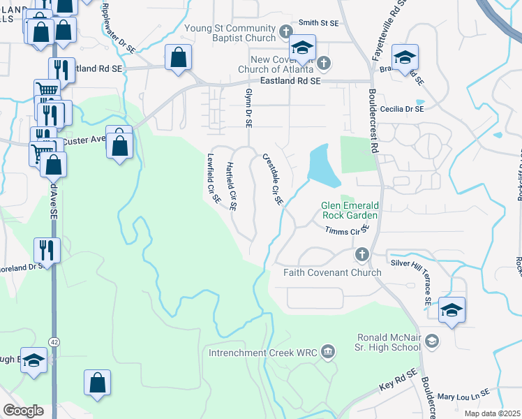 map of restaurants, bars, coffee shops, grocery stores, and more near 2610 Crestdale Circle Southeast in Atlanta