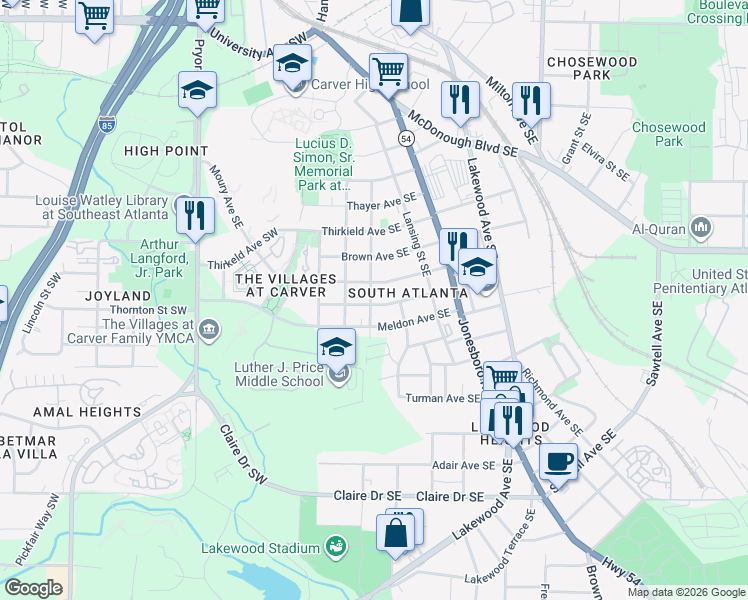 map of restaurants, bars, coffee shops, grocery stores, and more near 99 Park Avenue Southeast in Atlanta