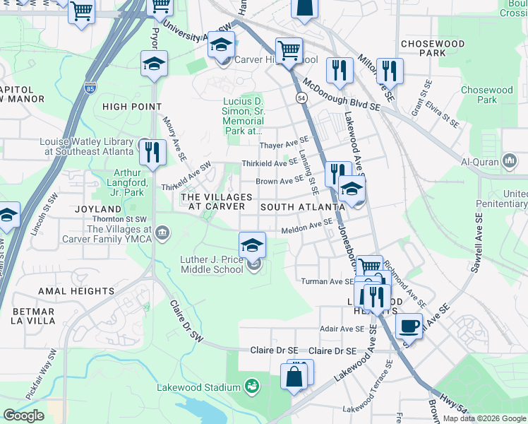 map of restaurants, bars, coffee shops, grocery stores, and more near 121 Park Avenue Southeast in Atlanta