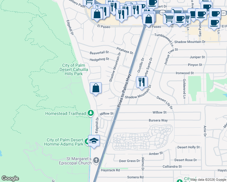 map of restaurants, bars, coffee shops, grocery stores, and more near 46230 Shadow Mountain Drive in Palm Desert