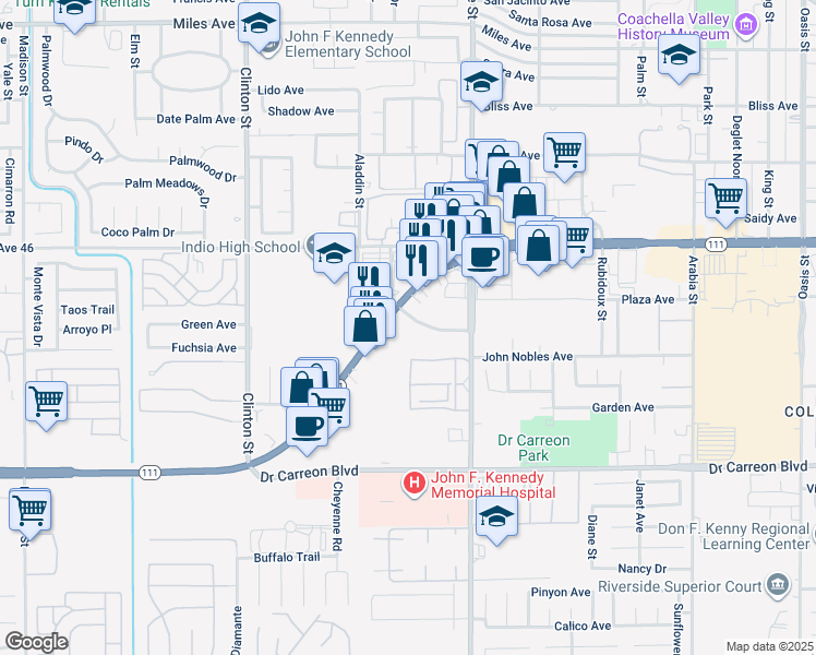 map of restaurants, bars, coffee shops, grocery stores, and more near 81875 Las Palmas Road in Indio