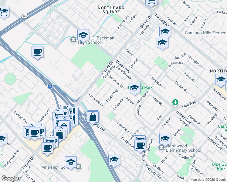 map of restaurants, bars, coffee shops, grocery stores, and more near 13701 Typee Way in Irvine