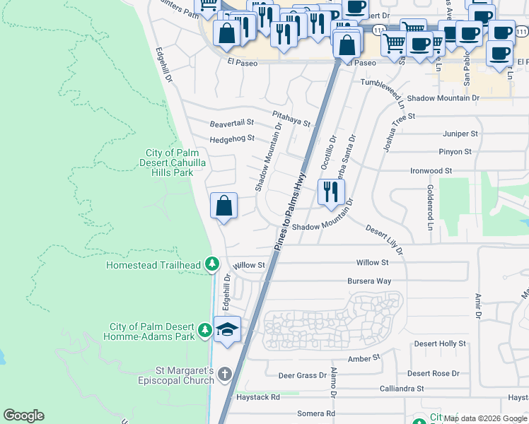 map of restaurants, bars, coffee shops, grocery stores, and more near 46230 Shadow Mountain Drive in Palm Desert
