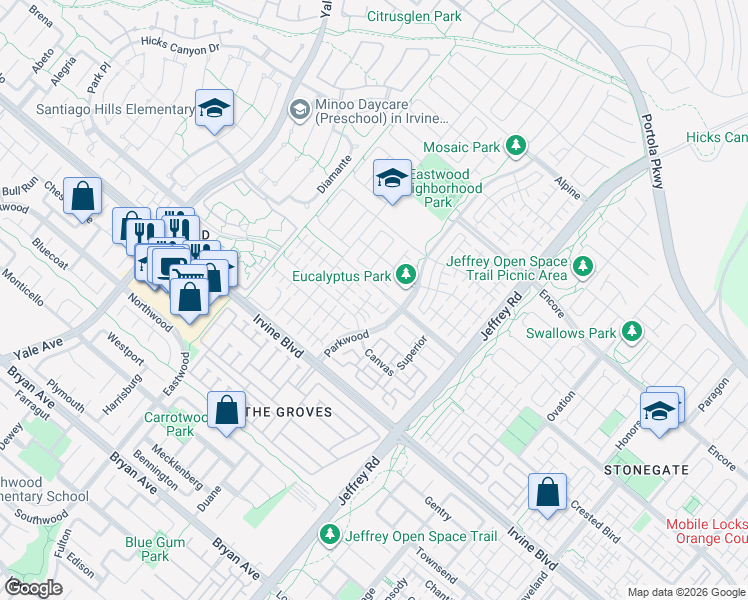 map of restaurants, bars, coffee shops, grocery stores, and more near 106 Landover in Irvine