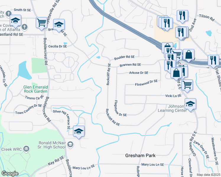 map of restaurants, bars, coffee shops, grocery stores, and more near 2608 Rockcliff Road Southeast in Atlanta