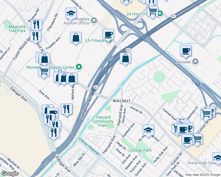 map of restaurants, bars, coffee shops, grocery stores, and more near 5 Peters Canyon Road in Irvine
