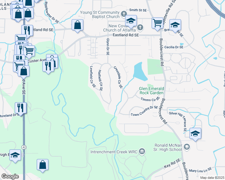 map of restaurants, bars, coffee shops, grocery stores, and more near 2610 Crestdale Circle Southeast in Atlanta