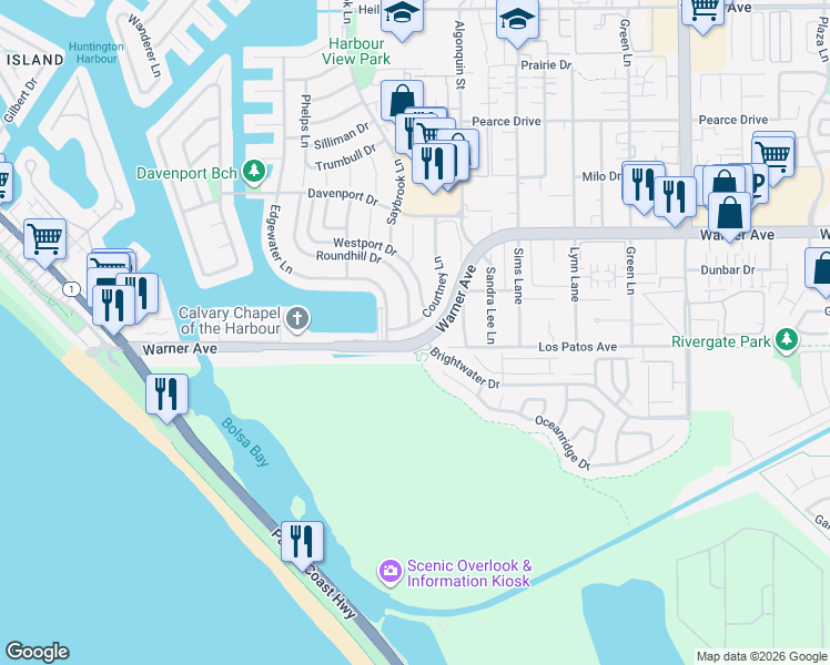 map of restaurants, bars, coffee shops, grocery stores, and more near 17186 Courtney Lane in Huntington Beach
