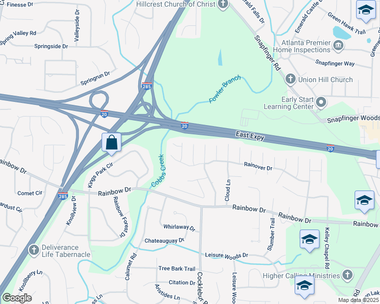 map of restaurants, bars, coffee shops, grocery stores, and more near 2557 Rainmaker Drive in Decatur