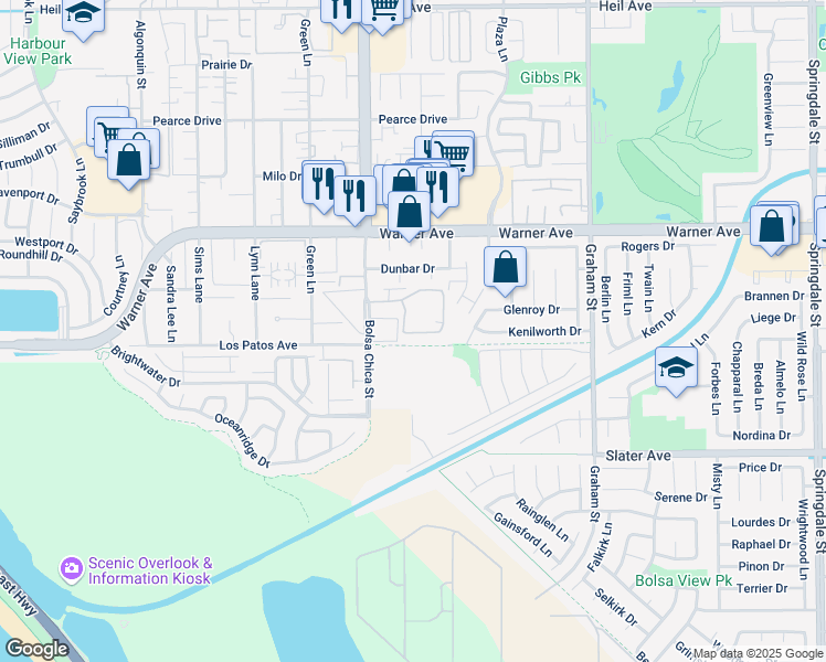 map of restaurants, bars, coffee shops, grocery stores, and more near 5101 Tortuga Drive in Huntington Beach