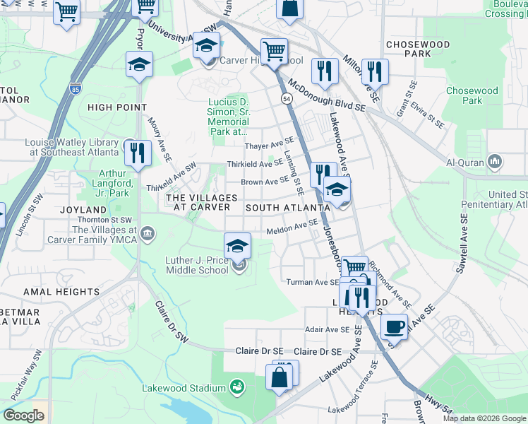 map of restaurants, bars, coffee shops, grocery stores, and more near 99 Park Avenue Southeast in Atlanta