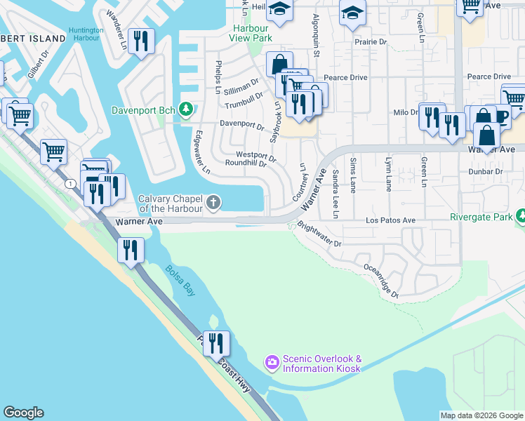 map of restaurants, bars, coffee shops, grocery stores, and more near 4281 Warner Avenue in Huntington Beach