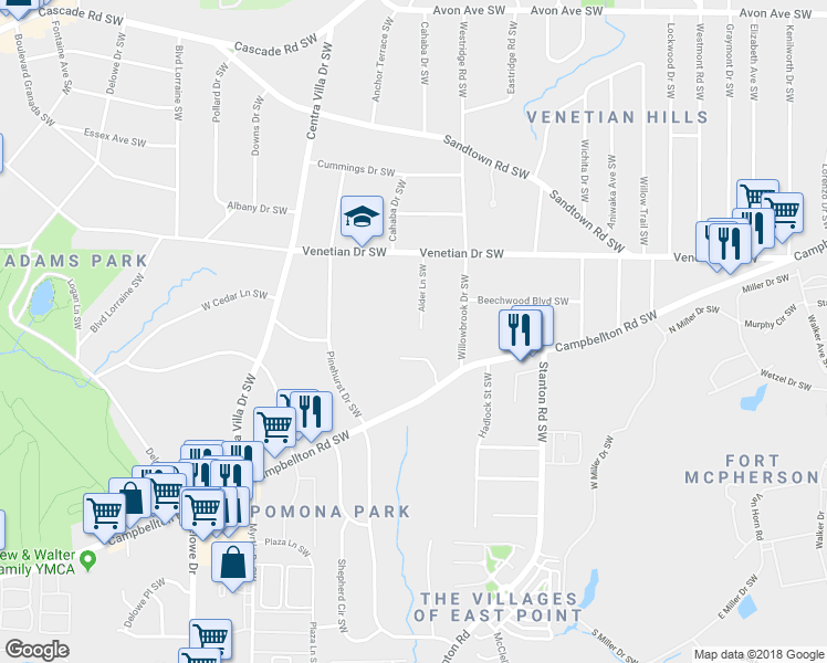 map of restaurants, bars, coffee shops, grocery stores, and more near 1595 Alder Lane Southwest in Atlanta