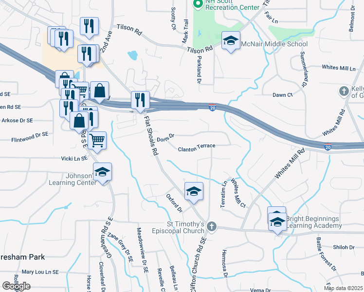 map of restaurants, bars, coffee shops, grocery stores, and more near 2168 Clanton Terrace in Decatur