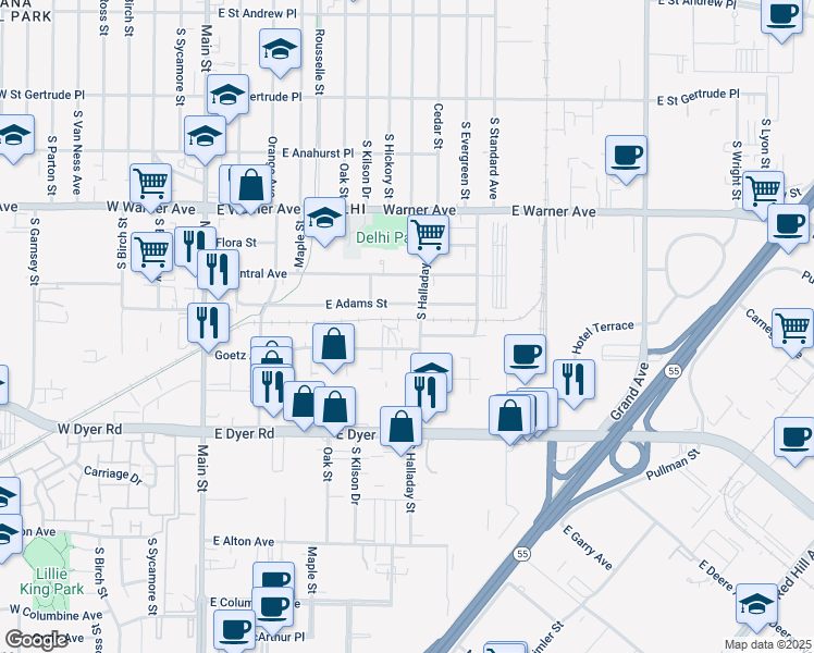 map of restaurants, bars, coffee shops, grocery stores, and more near 2532 South Halladay Street in Santa Ana